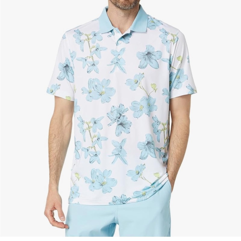 Puma Matt Verdant White Blue Floral Polo Shirt Men Size L Lightweight Soft New